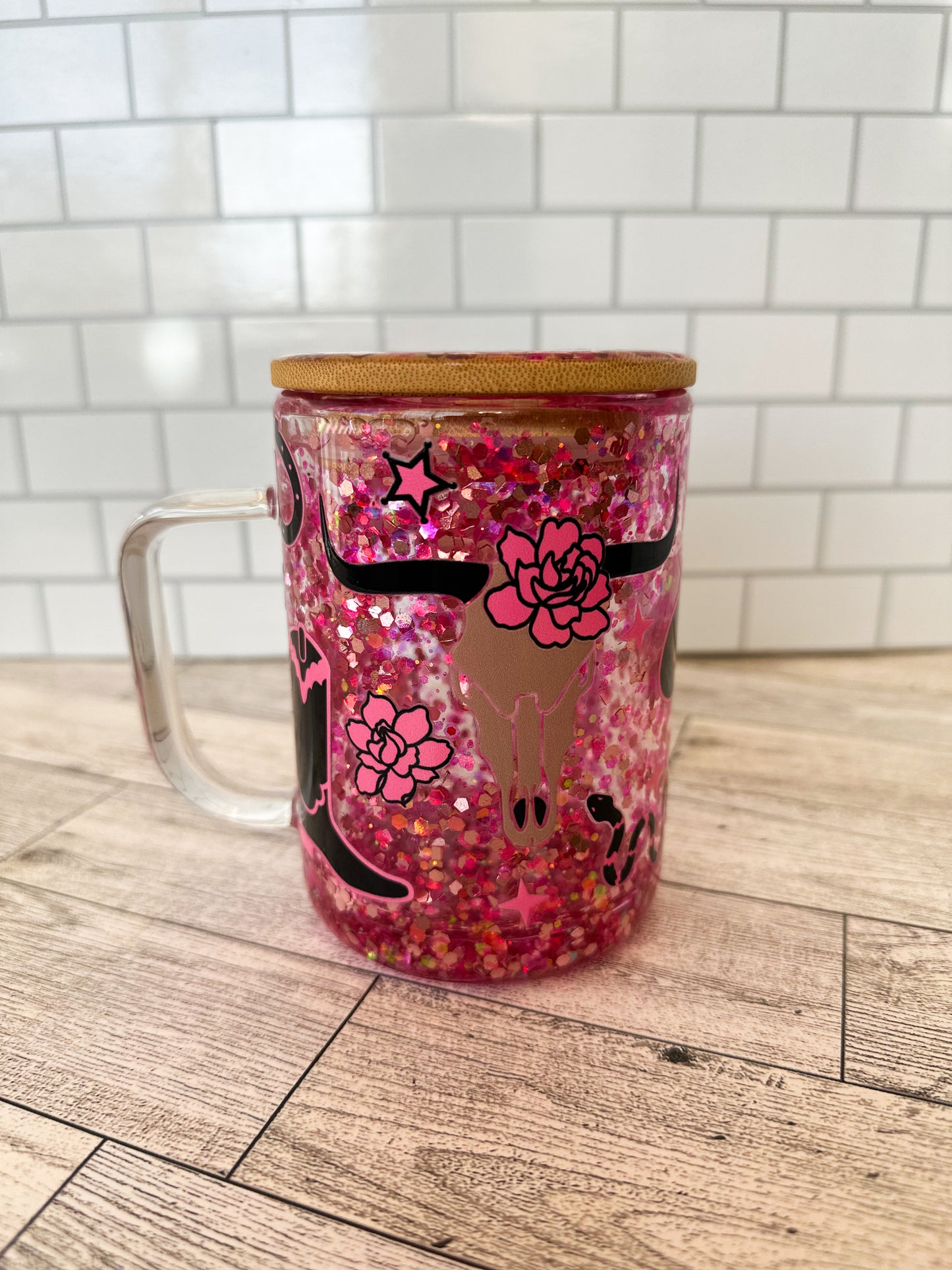 15 oz pink western glass snowglobe mug