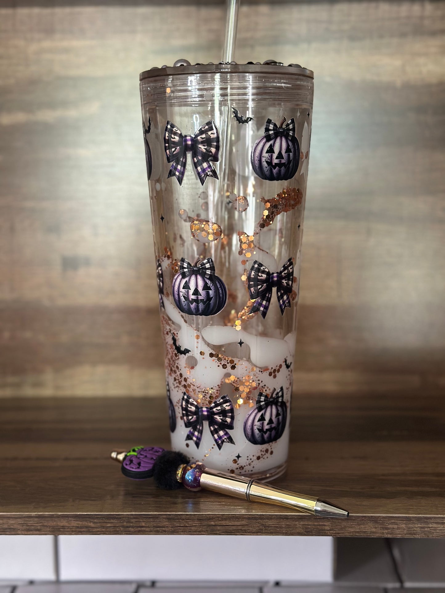 24oz Acrylic Lava Drip cup Checker Pumpkin bows