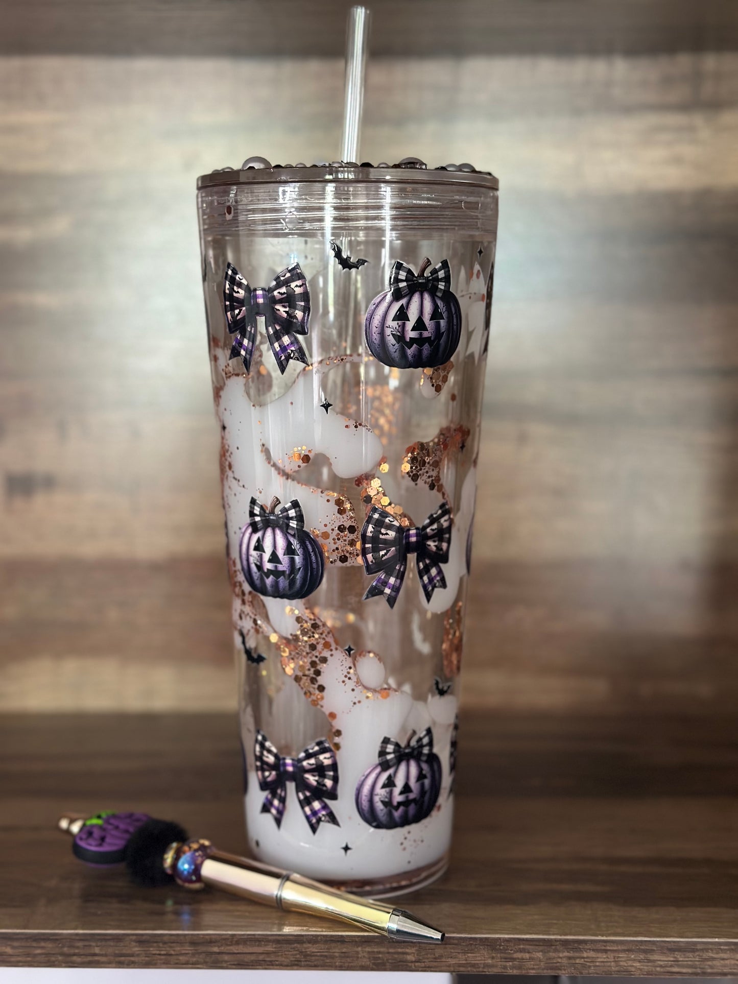 24oz Acrylic Lava Drip cup Checker Pumpkin bows
