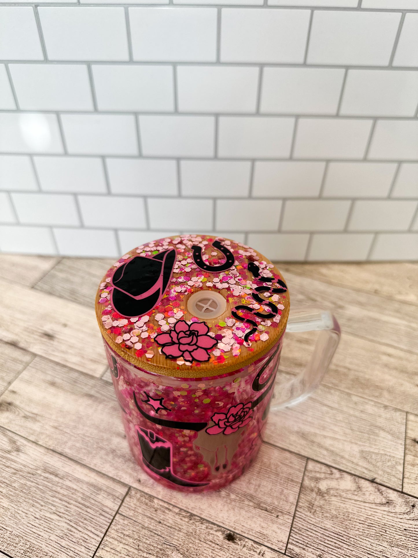 15 oz pink western glass snowglobe mug