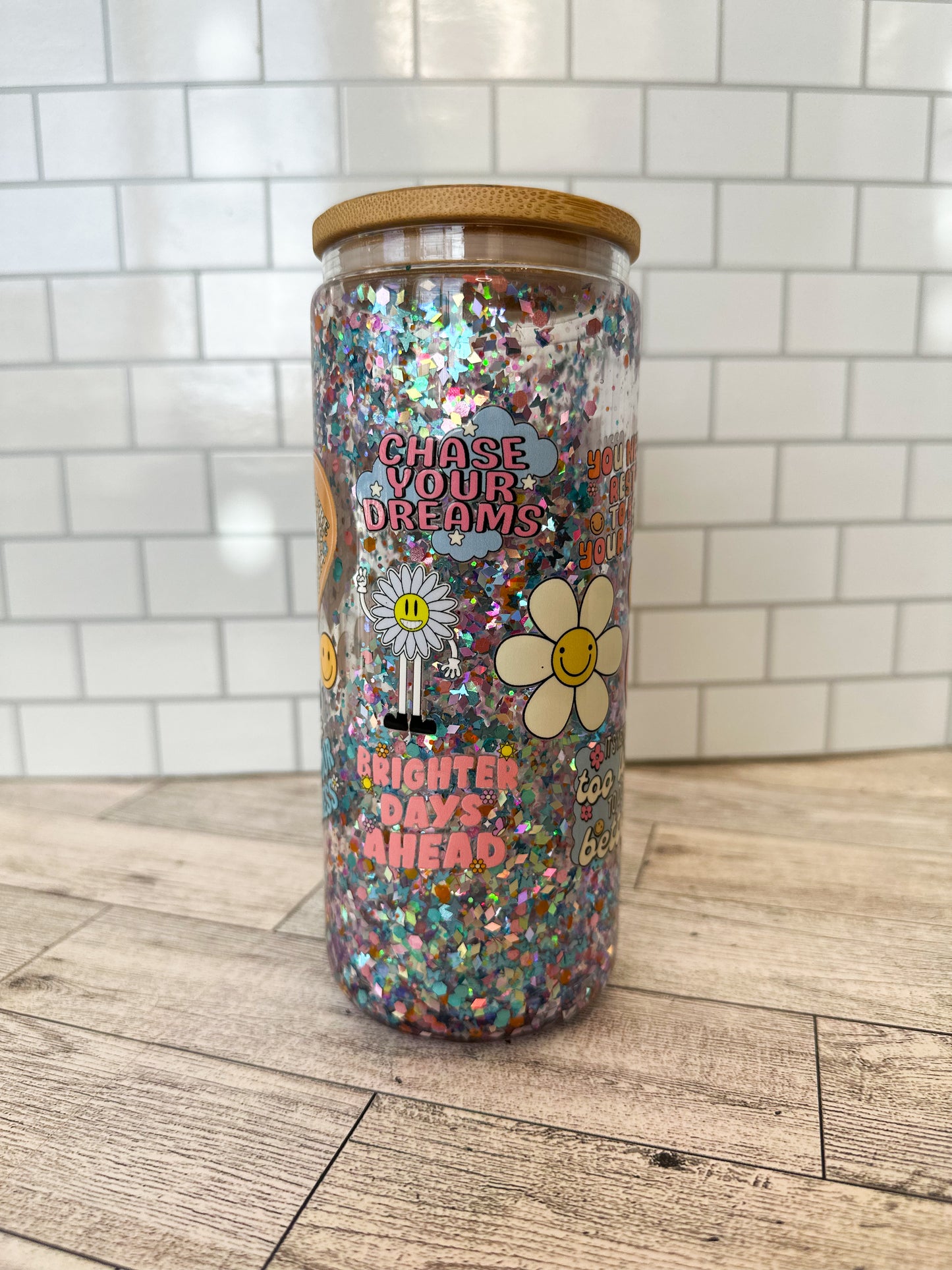 16 oz positive affirmation glass snow globe cup