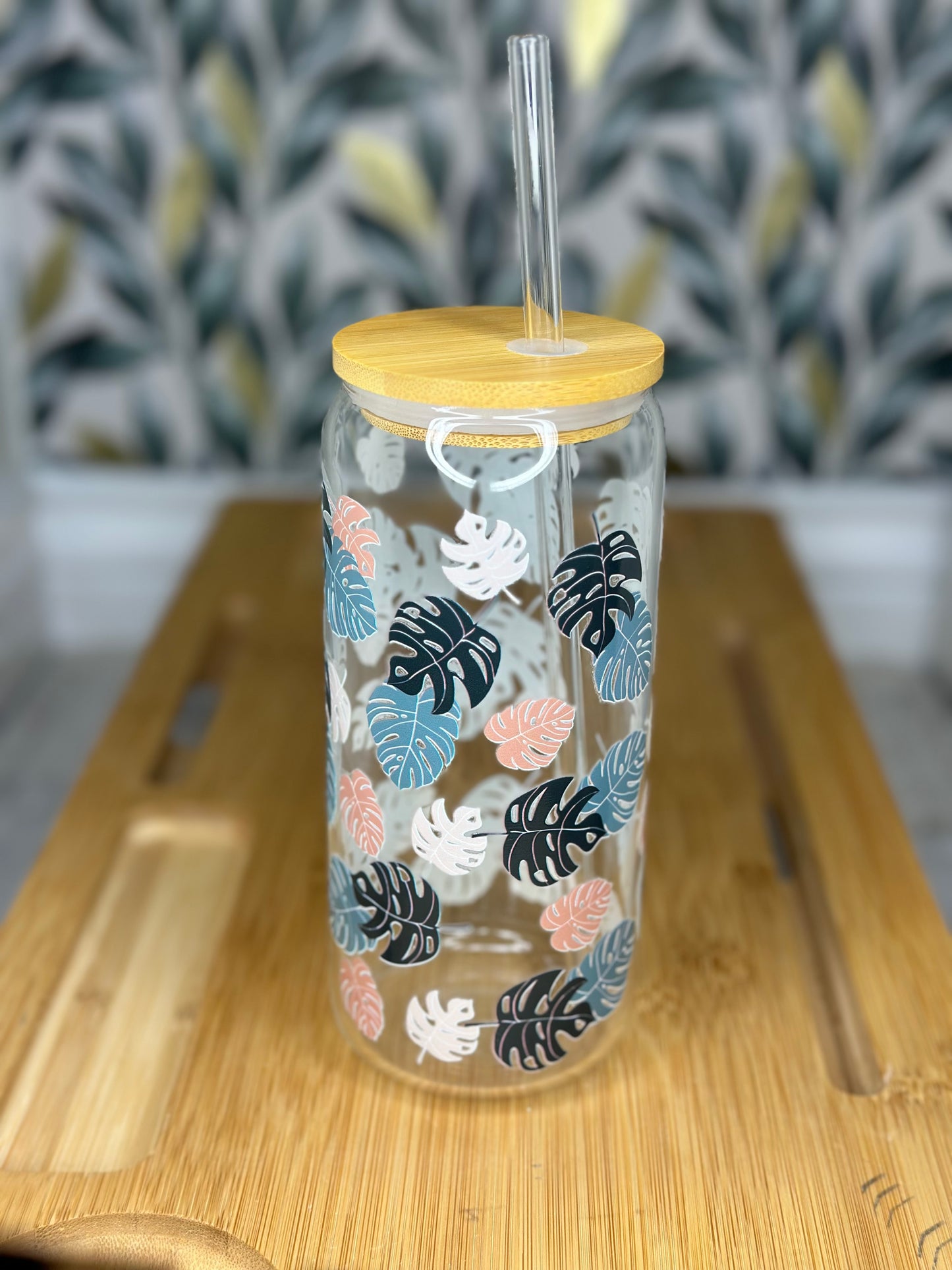 20oz Glass Can cup Monstera leaves
