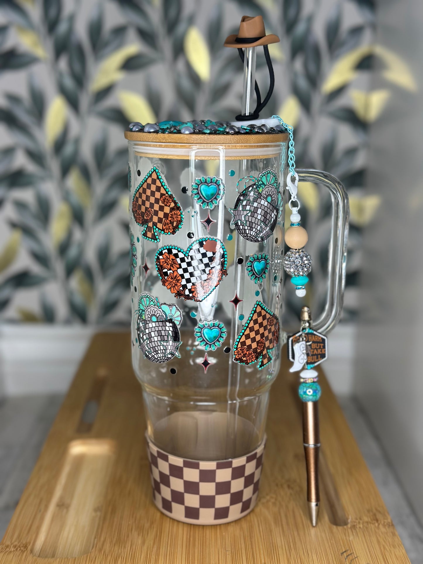 40oz Glass tumbler check turquoise