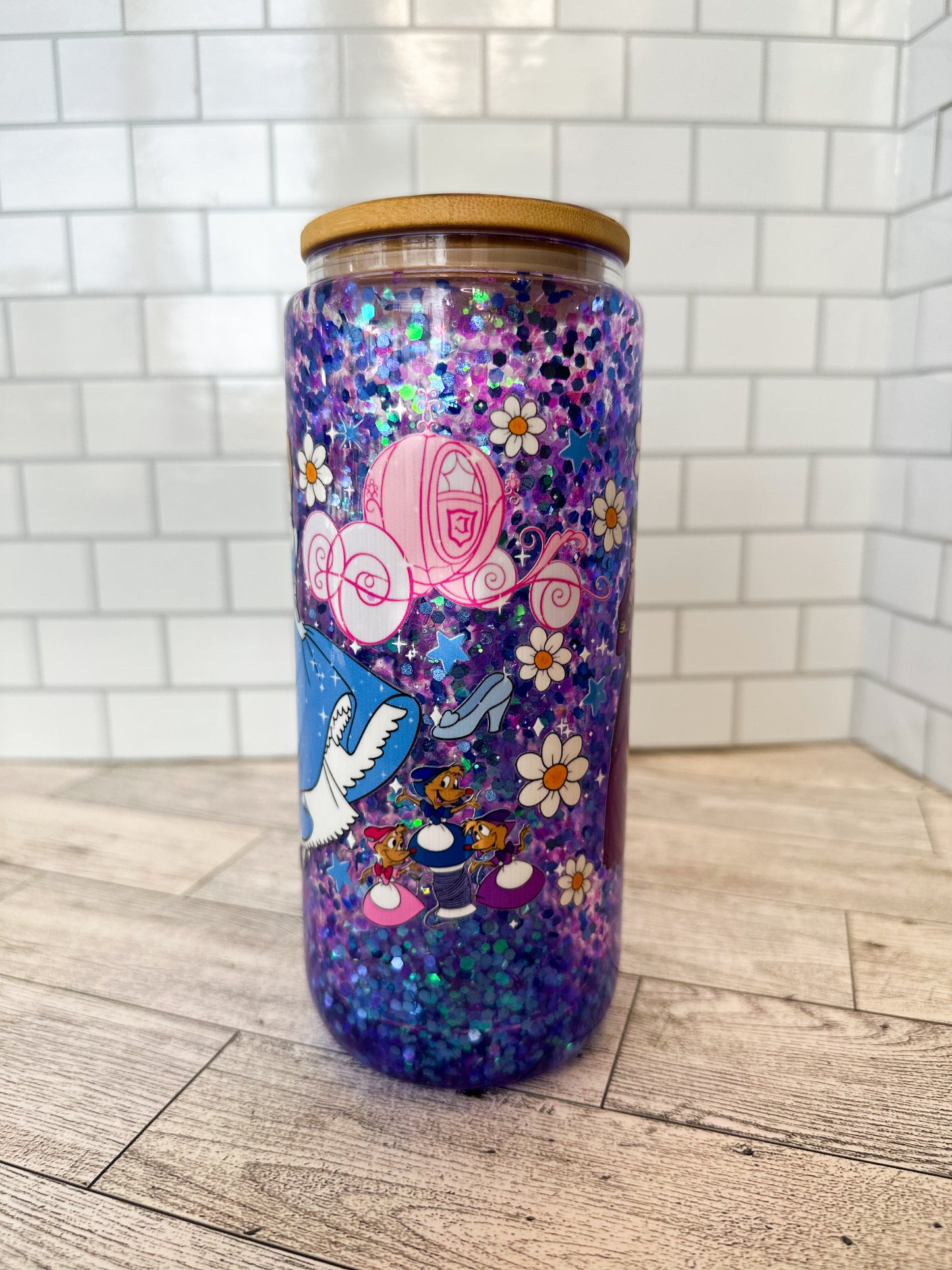16 oz Cinderella glass snow globe cup