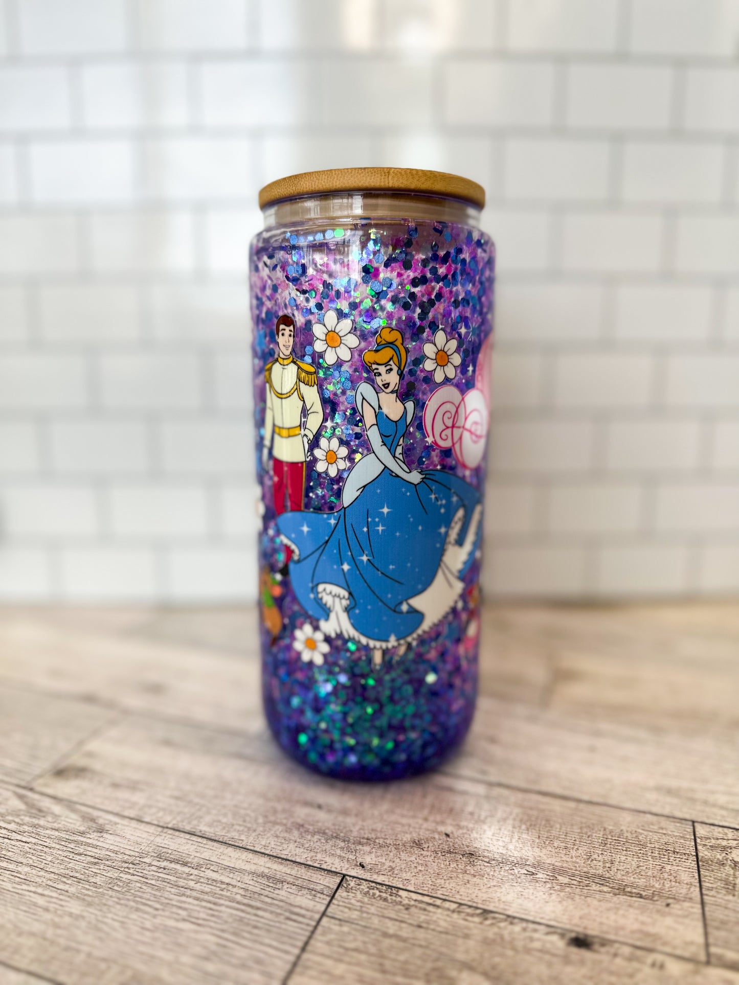 16 oz Cinderella glass snow globe cup
