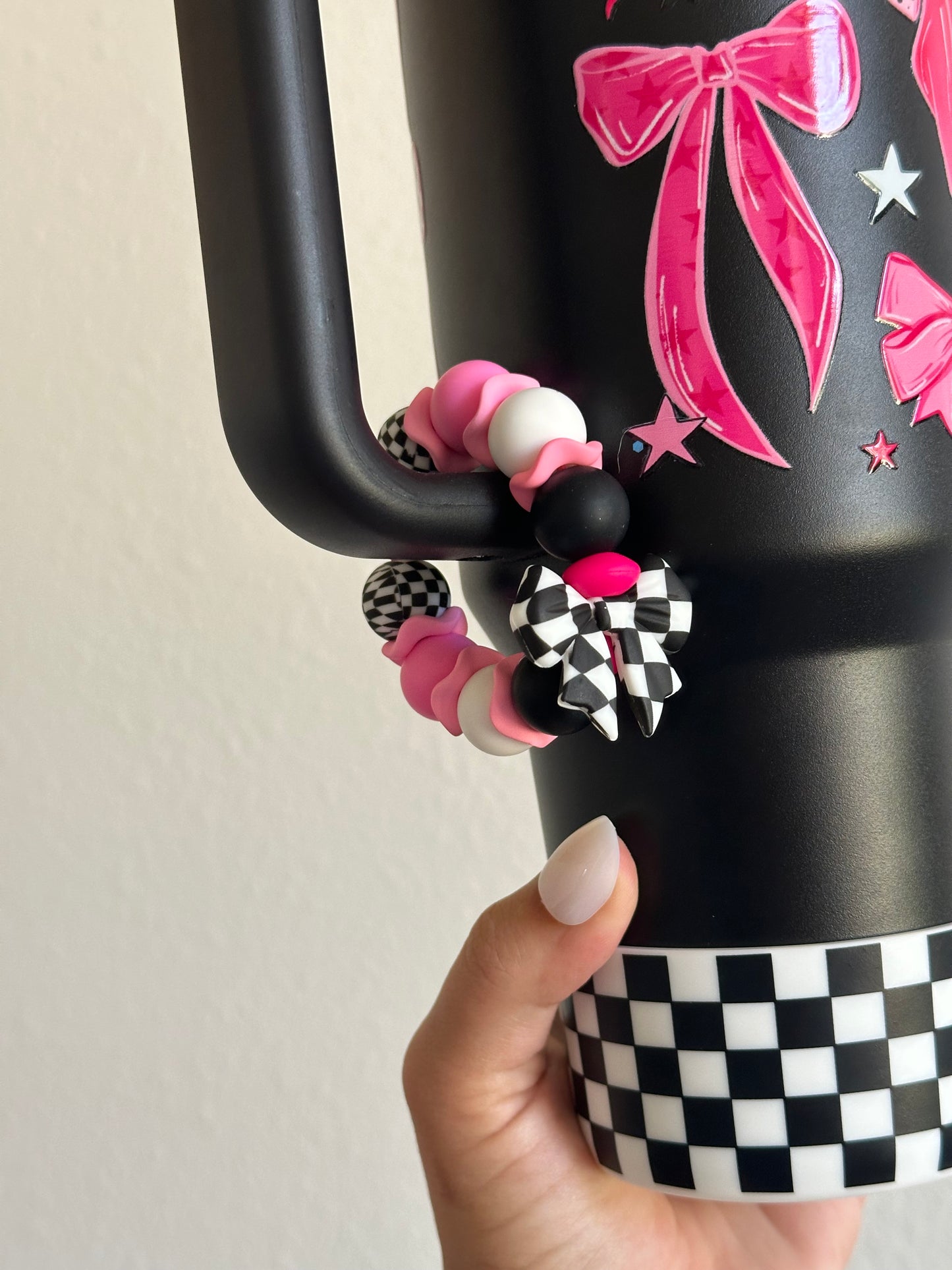 Pink checkered bow 40oz stainless no spill