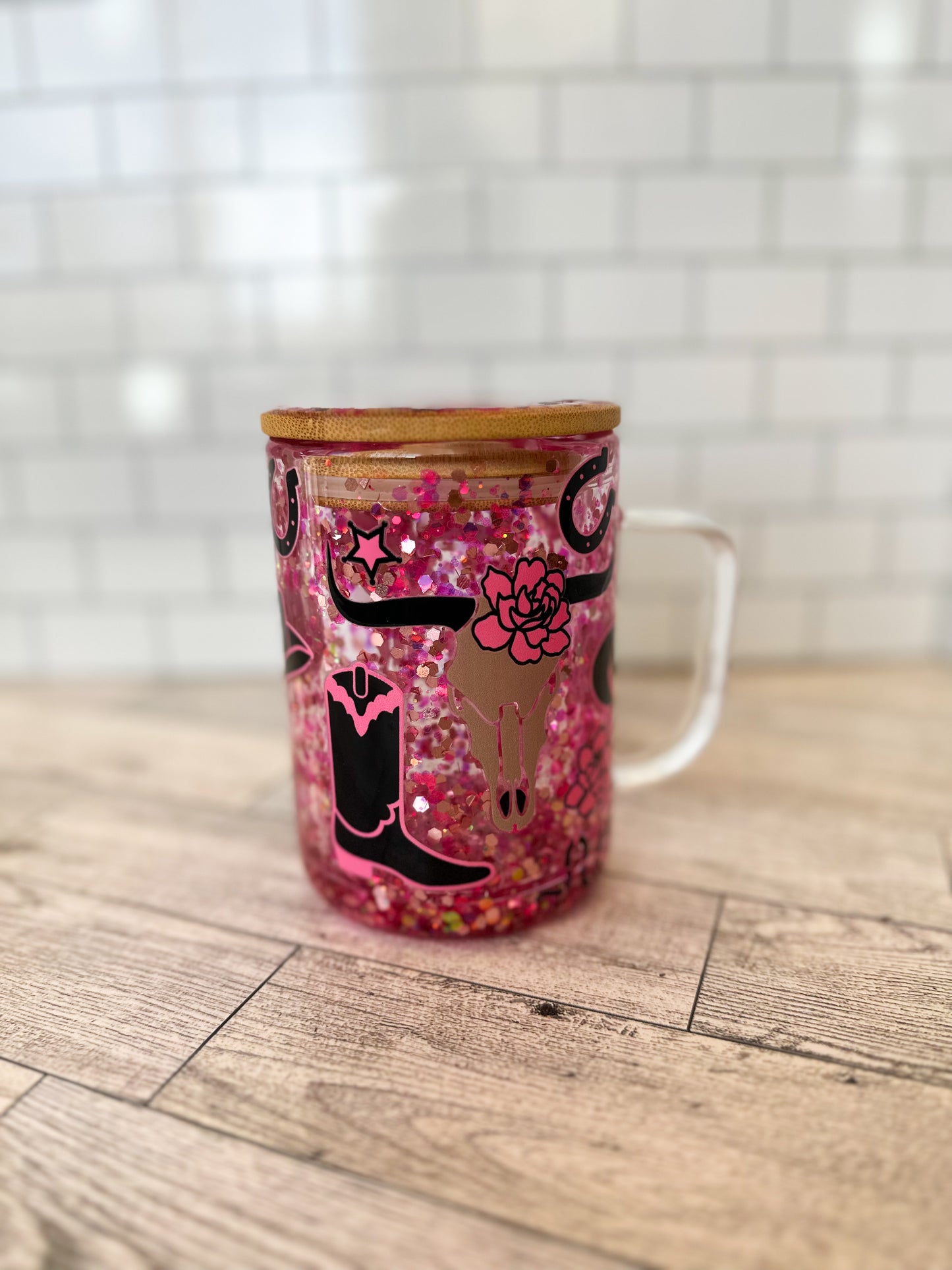 15 oz pink western glass snowglobe mug