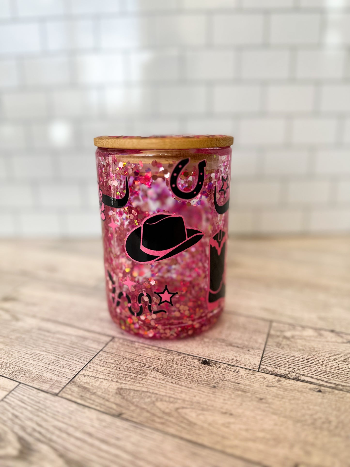 15 oz pink western glass snowglobe mug