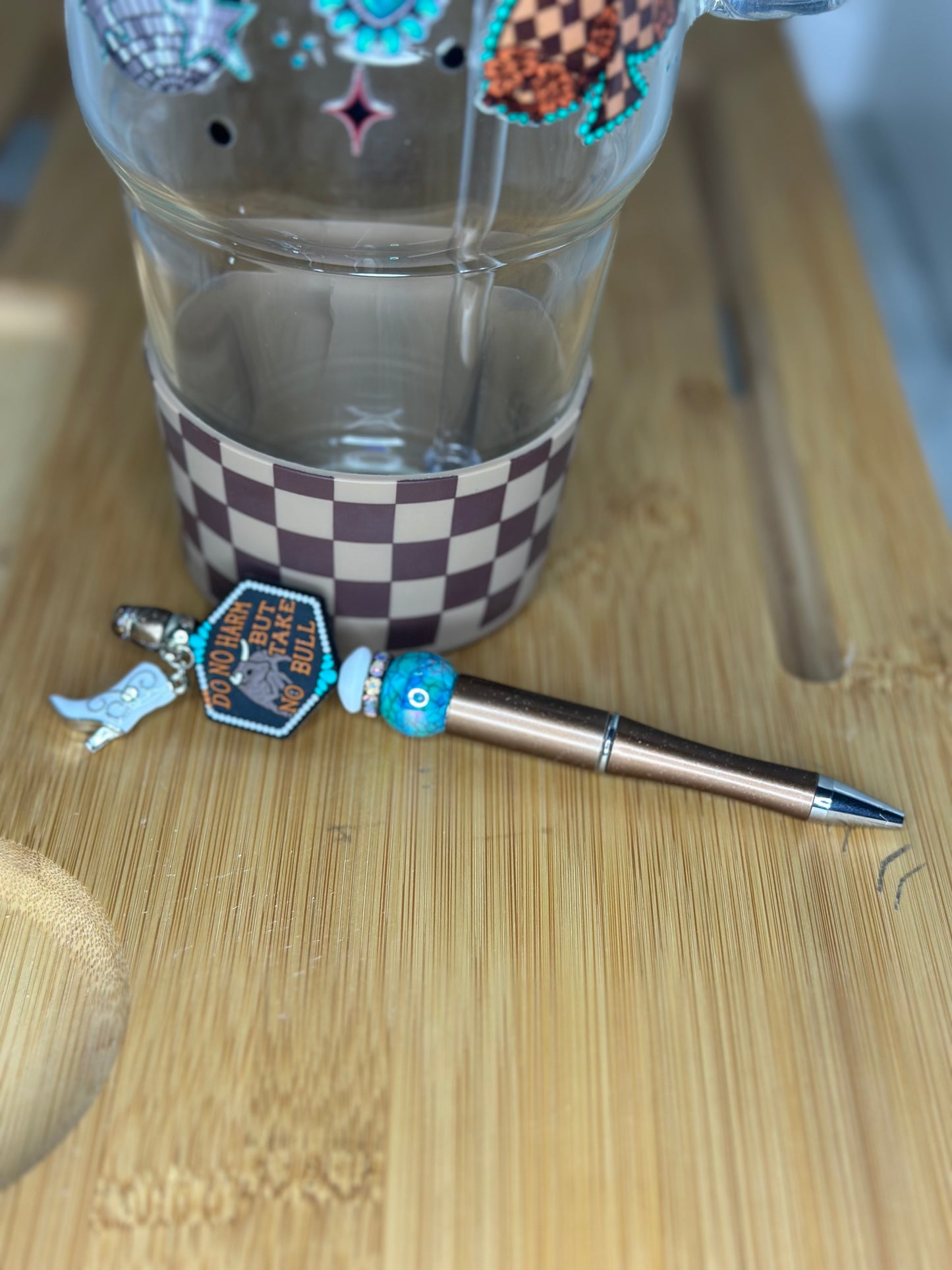 40oz Glass tumbler check turquoise