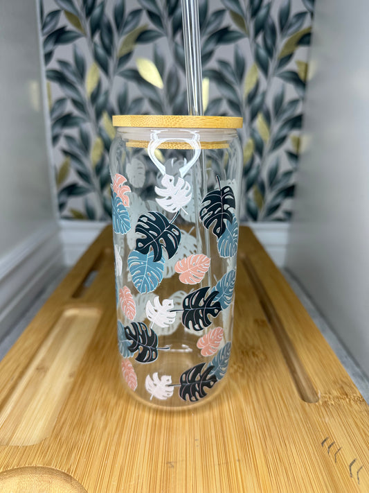 20oz Glass Can cup Monstera leaves