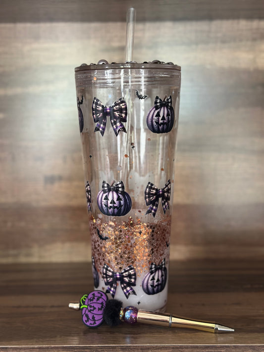 24oz Acrylic Lava Drip cup Checker Pumpkin bows