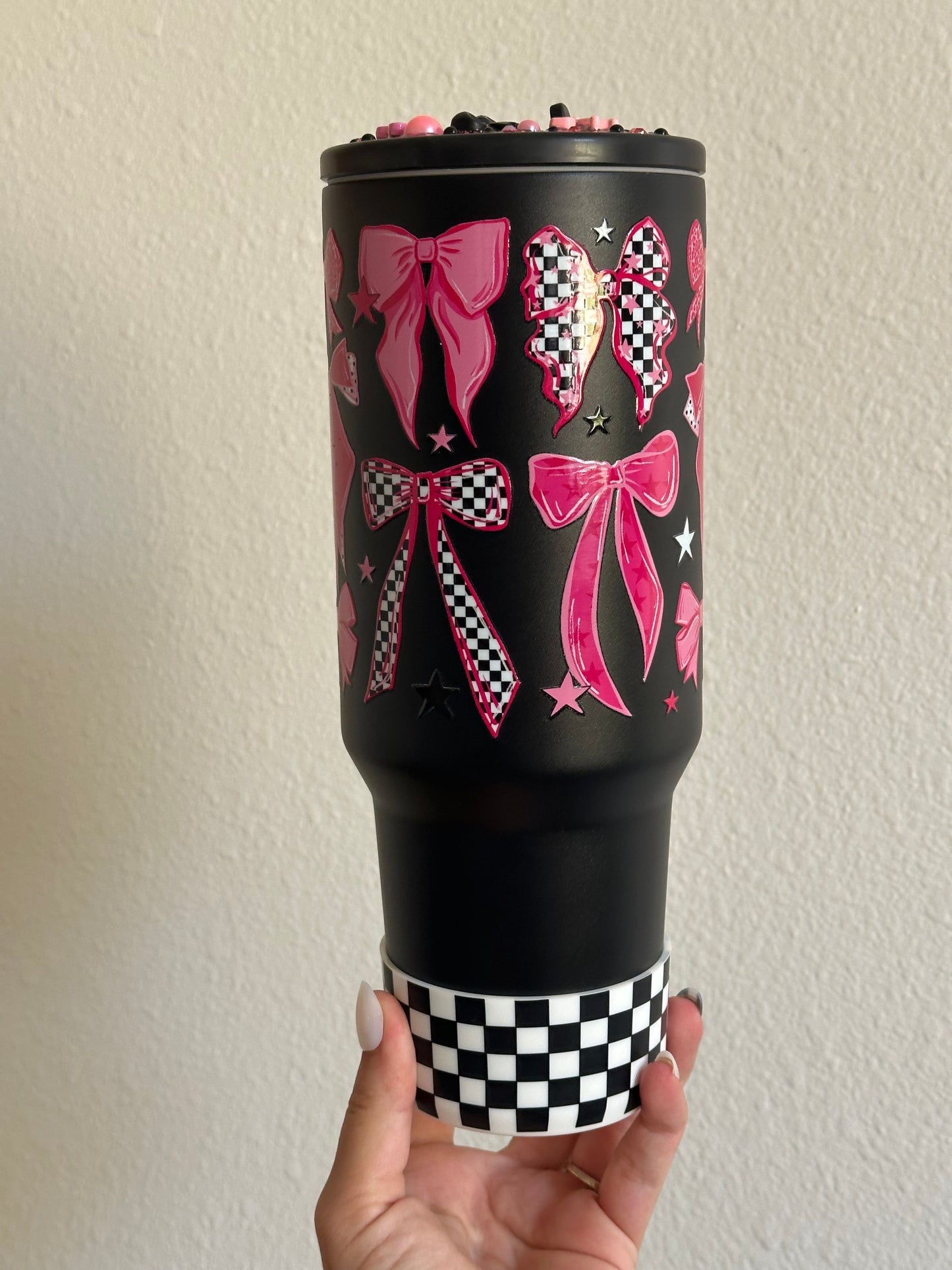 Pink checkered bow 40oz stainless no spill