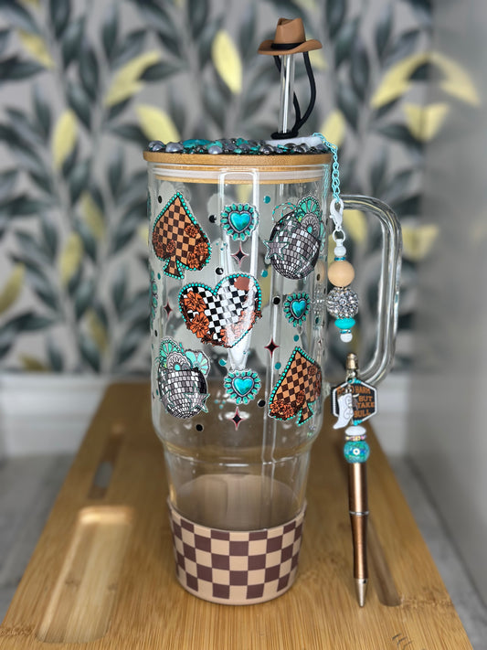 40oz Glass tumbler check turquoise