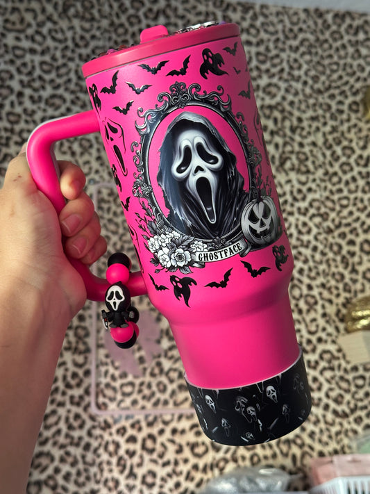 Hot Pink Ghost face 40oz stainless steel no spill tumbler