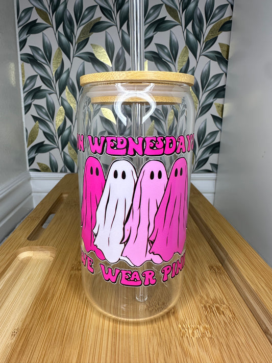 16oz Glass Can cup We Wear Pink