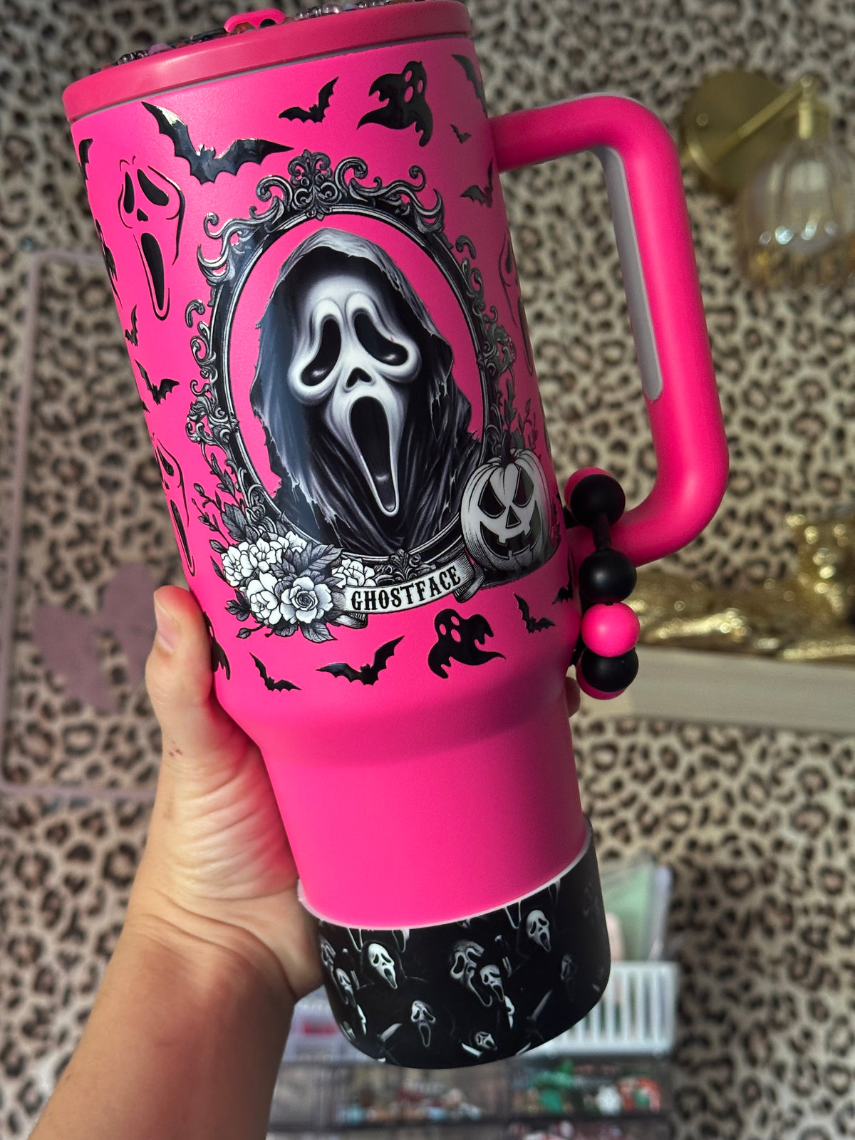Hot Pink Ghost face 40oz stainless steel no spill tumbler