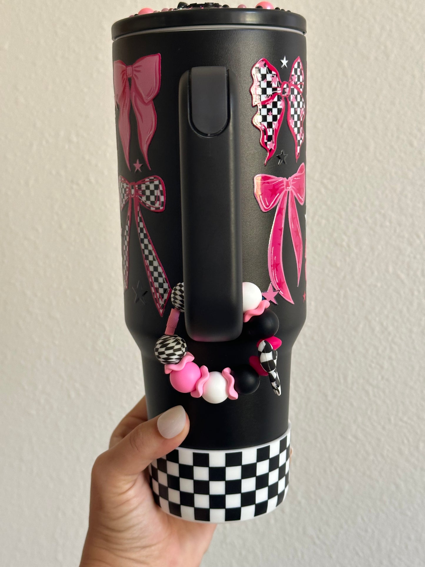 Pink checkered bow 40oz stainless no spill