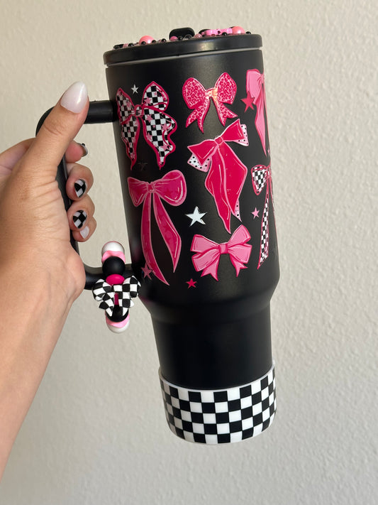 Pink checkered bow 40oz stainless no spill