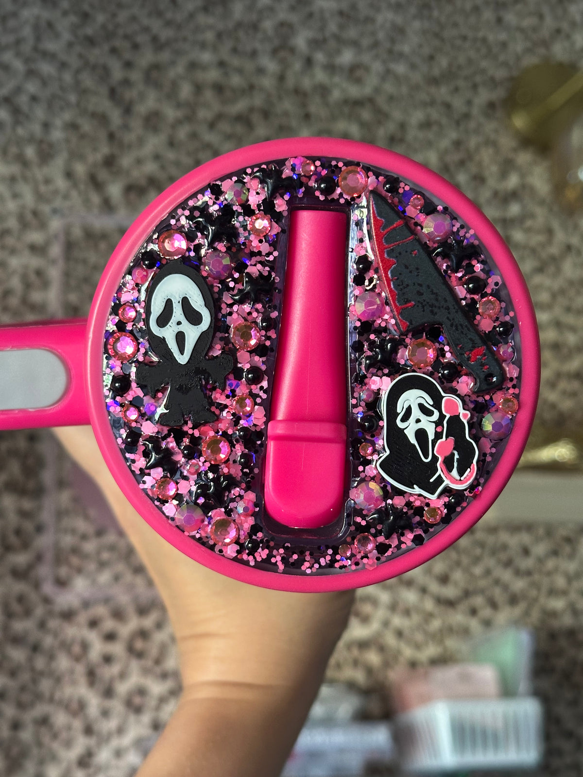 Hot Pink Ghost face 40oz stainless steel no spill tumbler