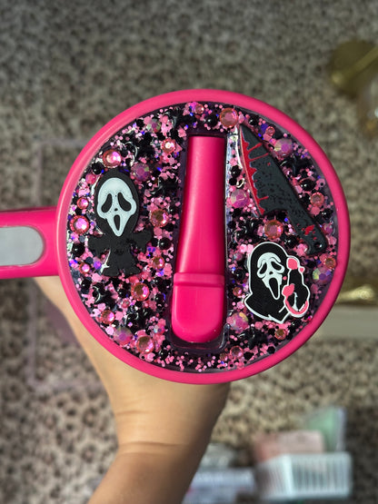 Hot Pink Ghost face 40oz stainless steel no spill tumbler
