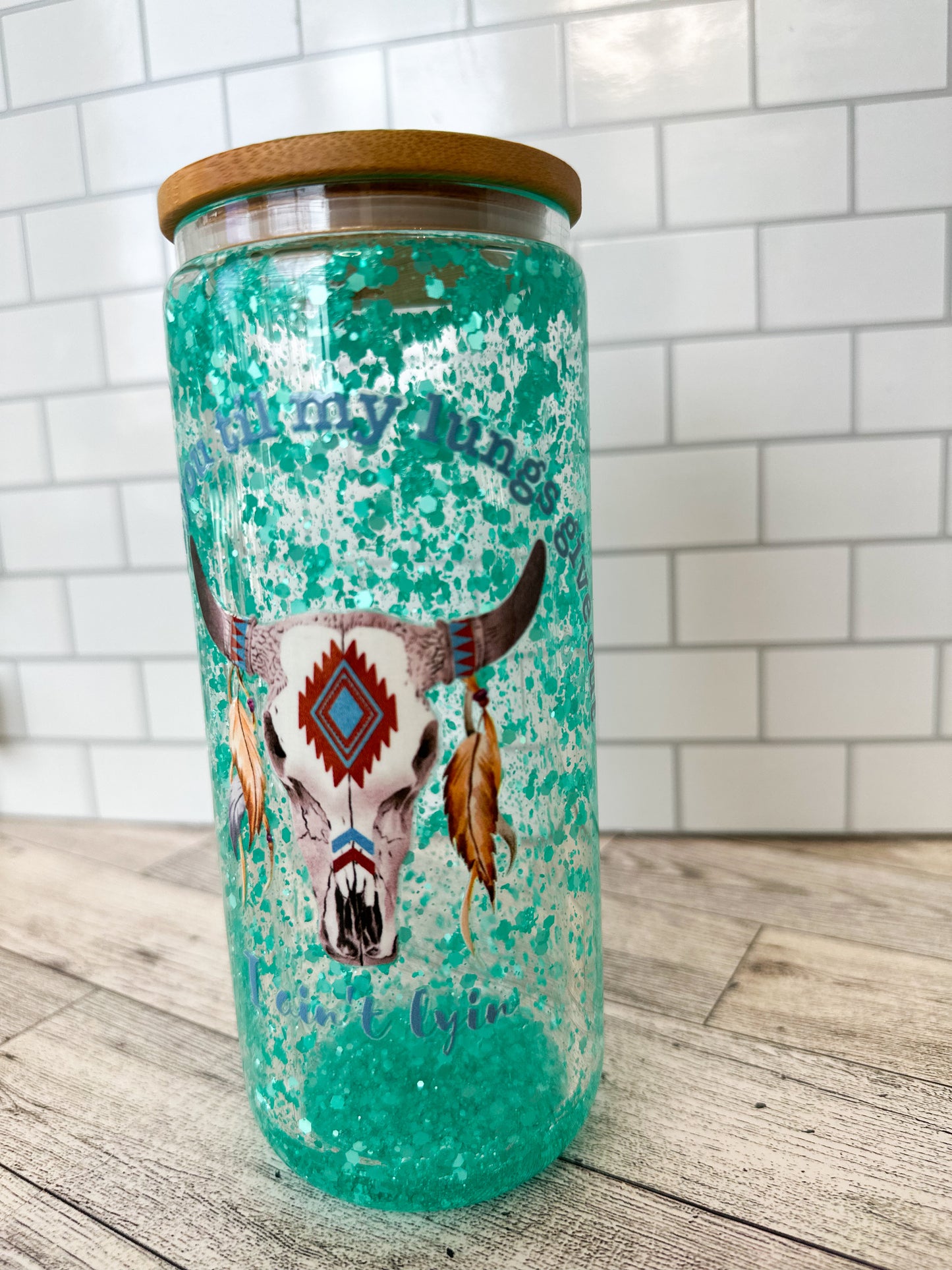 16 oz till my lungs give out glass snow globe cup
