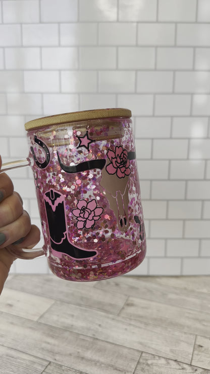 15 oz pink western glass snowglobe mug